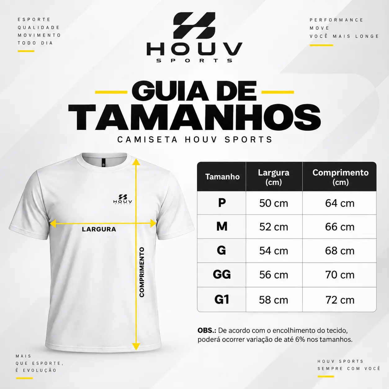 Guia de tamanhos da camiseta HOUV Sports